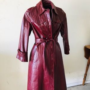 Vintage TFC red leather women’s coat with belt - long, classic, lined, trench